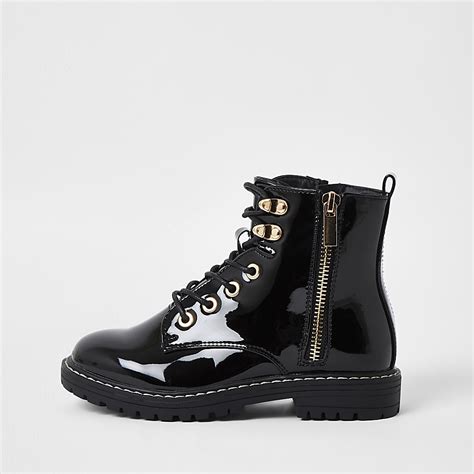 Girls Black Patent Chunky Lace Up Ankle Boots River Island