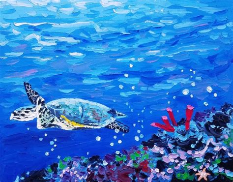 Original Palette Knife Painting Sea Turtle Underwater By