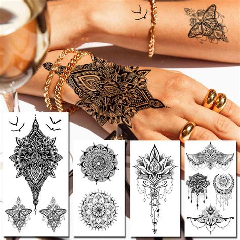 owl moth jewelry temporary tattoo for women men mandala henna flower tattoo mehndi fake pendants