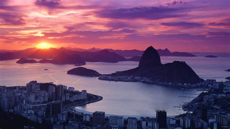 Rio De Janeiro Brazil Pao De Acucar Sugarloaf Mountain At Sunset