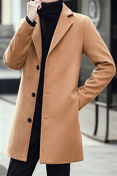 Korean Slim Lapel Mid Length Plain Mens Coat Long