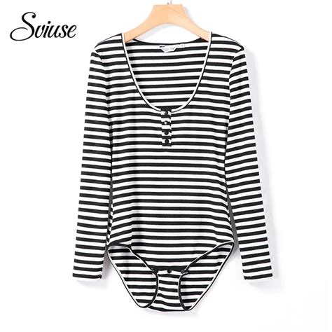 women autumn sexy bodysuits knitted black and white striped u neck long sleeves buttons slim