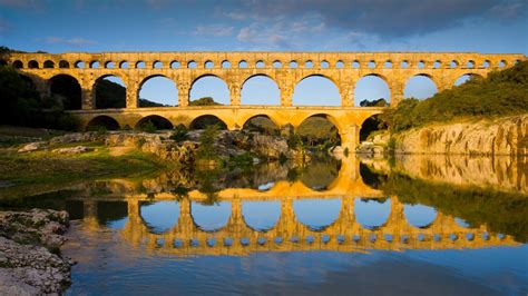Water Ripples Aqueducts Plants Pont Du Gard Bridge Landscape Sky