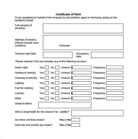 sample rent certificate form   documents