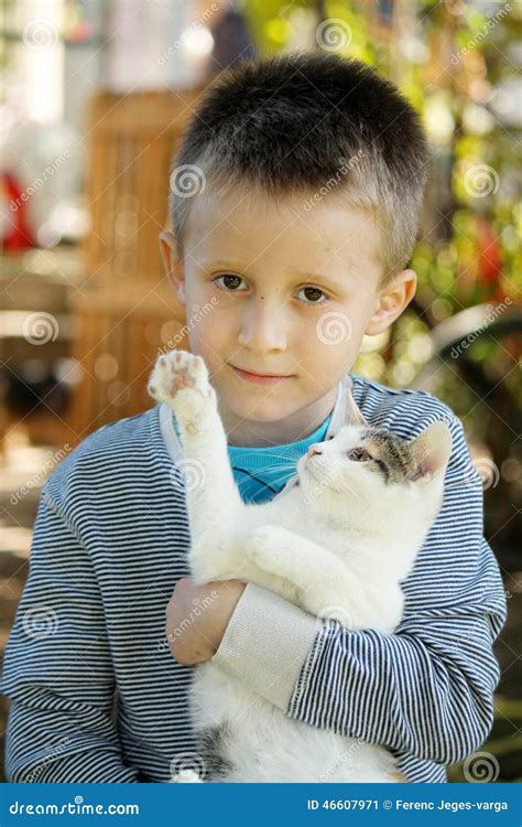 Little Boy And Cat Stock Image Image Of Curious Contact 46607971
