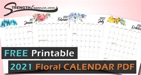 Free Floral Printable Calendar 2021 Pdf Strength Essence Floral