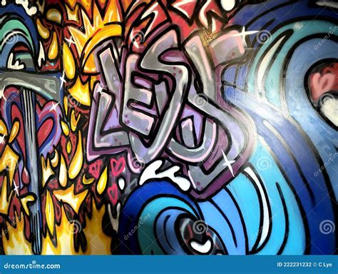 Jesus Graffiti Street Art With Flames Cross And Waves Stock