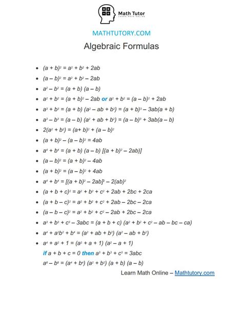 Algebra Formulas Learn With Examples Math Tutor
