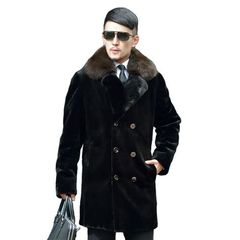 New Winter Men Medium Long Faux Mink Fur Coats Male Imitation Fur