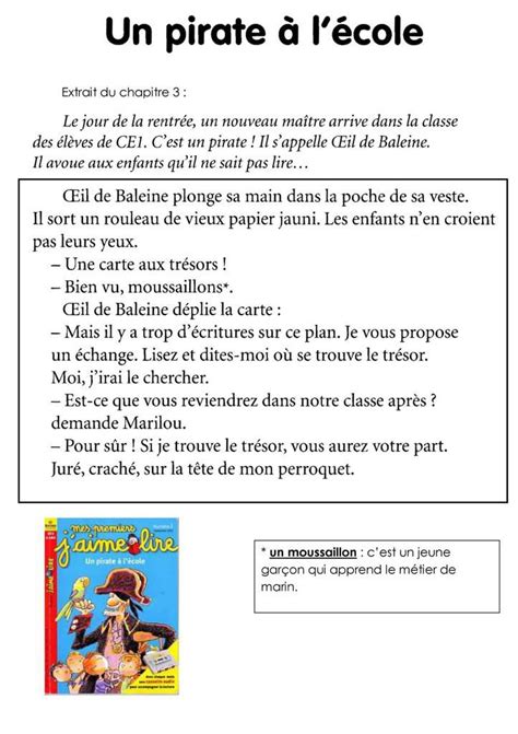Lecture CE1: un Pirate à l'école, extrait du chapitre 3 ...