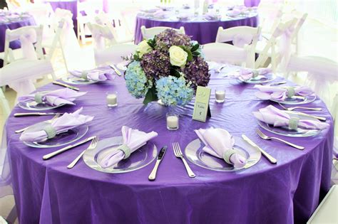 Wedding photo gallery wedding decorations wedding table wedding centerpieces purple reception indian reception modern purple and green california wedding | every last detail. Wedding Decor- Lilac Linen and Light Blue and Purple Hydrangea Centerpiece with White Roses ...