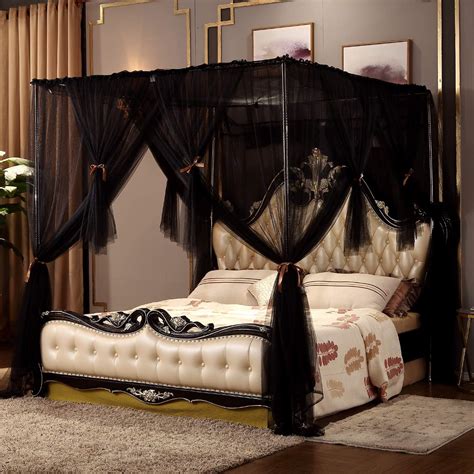 Nattey 4 Corners Post Canopy Bed Curtain King Size Black 4 Opening Mosquito Net Canopy Bed