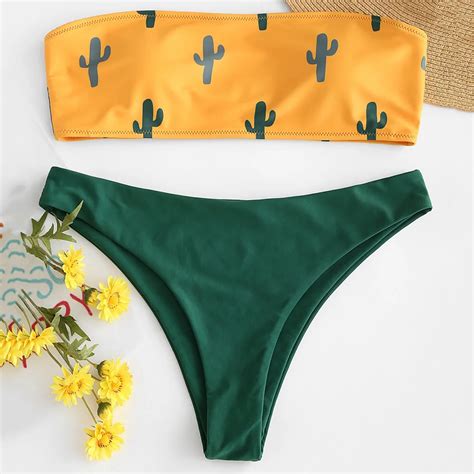 Cactus Bandeau Bikini Set 2019 Swimwear Women Swimsuit Secy Strapless Low Waist Contrast Thong