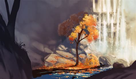Trees Painting Fall Leaves Waterfall Digital Art Water Rock