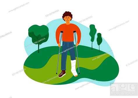 Young Man With Broken Leg Walking On Nature Park Disabled Guy With