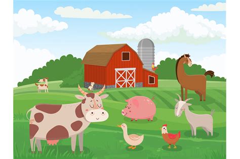Farm Animals Village Animal Farms Cows Red Barn And Cattle Field Lan By Tartila