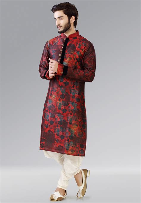 This is a plain cotton kurta. Printed Dupion Silk Dhoti Kurta in Red : MTY21