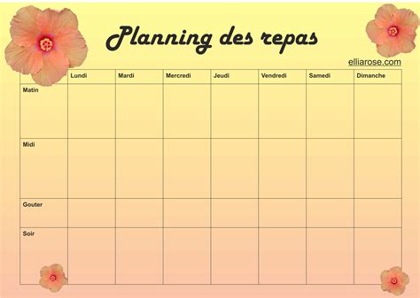 Planning menu semaine à imprimer : Planning repas gratuit à imprimer - Ellia Rose