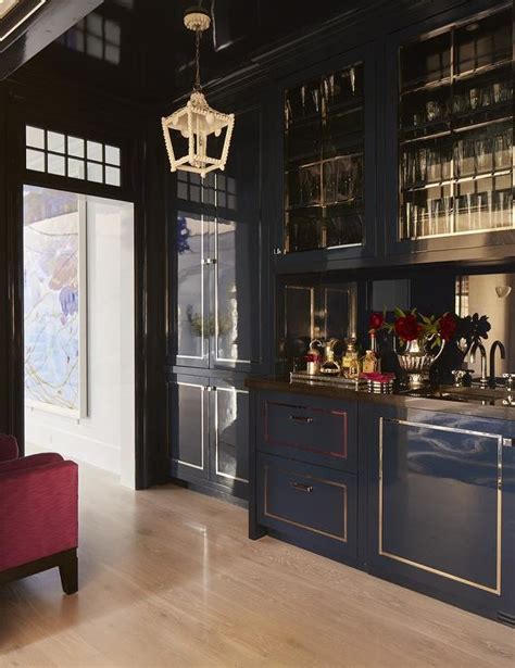 Blue Lacquered Wet Bar Cabinets With Gold Trim Contemporary Kitchen