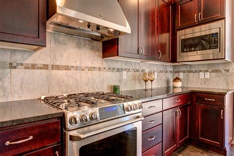 Dark Cherry Cabinets And Gray Tones Kitchen Layout Cherry Cabinets