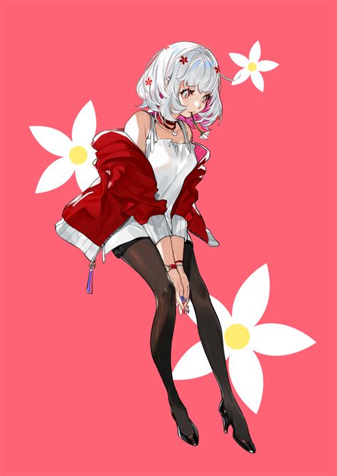Wallpaper Anime Girls Simple Background White Hair Red Eyes Flowers Original Characters
