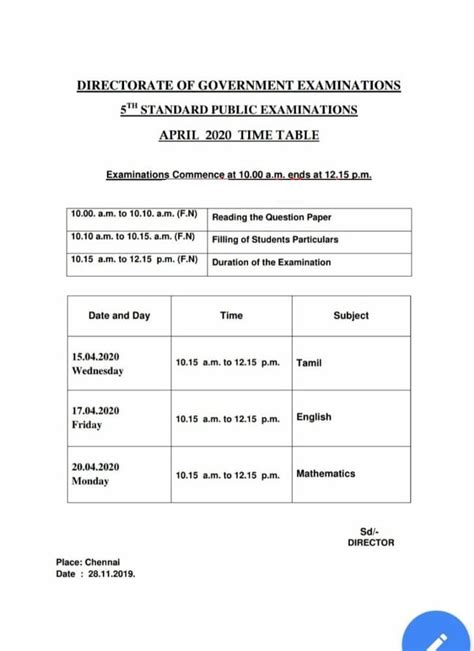 Live Chennai Timetables Released For The Public Examinations 5th And 8th Standards5th And