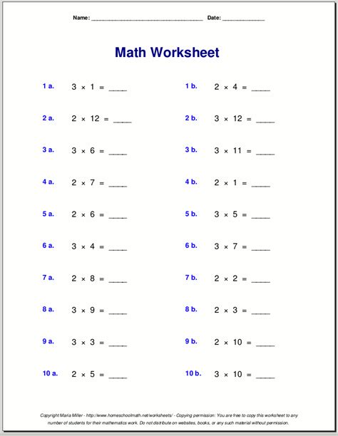 Multiplication worksheets for grade 3