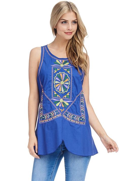 Jjt0085 Blue A Boho Chic Top With Tank Sleeves Colorful Embroidered