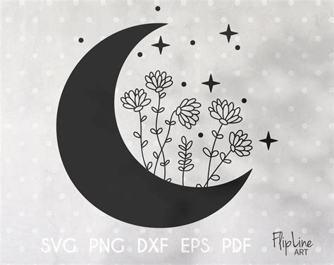 Boho Moon Svg And Png Clipart Celestial Clipart Flowers By 4eka