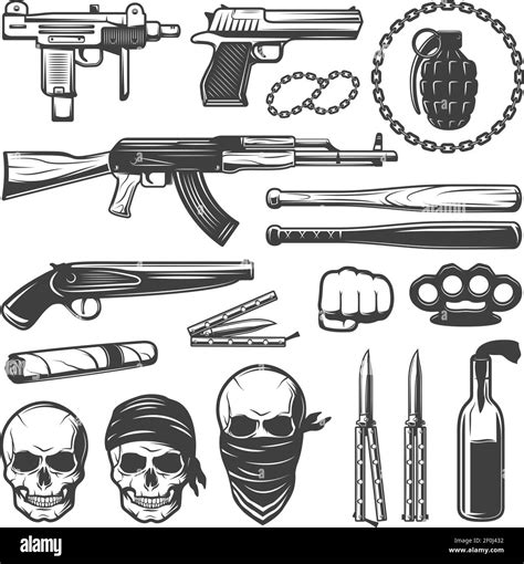 Set With Various Isolated Gangster Symbols With Weapons Guns Bats
