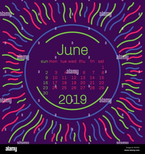 2019 June Calendar Page In Memphis Style Poster For Concept Typography Design Flat Color Week