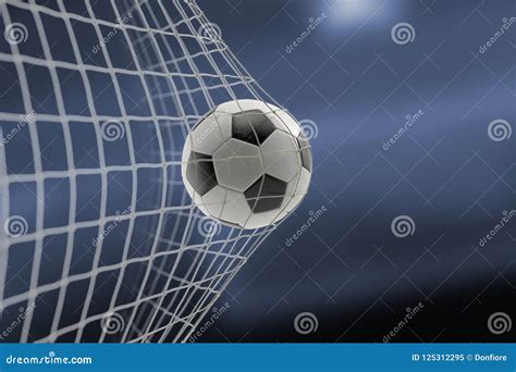 Soccer Ball In Goal On Blur Blue Background Concept Of Competition And