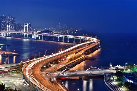 Gwangan Bridge At Nights Lighted Up In Busan South Korea