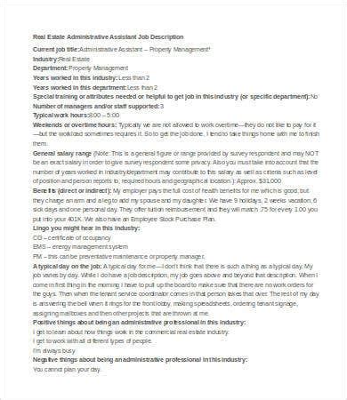 A real estate administrative assistant's primary role is to help real estate sales agents perform efficiently. 15+ FREE Real Estate Job Description Templates - PDF, DOC ...