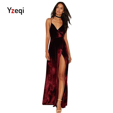 Yzeqi Sexy Dress Wine Red Velvet Maxi Backless Dress Womens Autumn