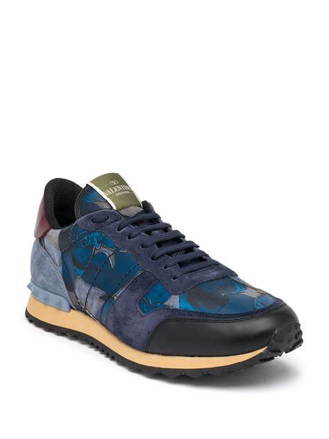 Valentino Camubutterfly Rockrunner Leather Low Top Sneakers In Blue For