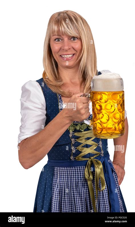 Frau In Bayerischer Tracht Dirndl Mit Einem Krug Bier Auf Dem Oktoberfest In München