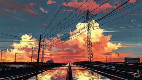 Download 1920x1080 Anime Landscape Sunset Sky Painting Scenic