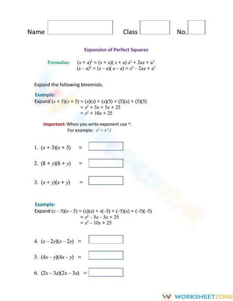 Expansion Of Perfect Squares Worksheet Worksheet