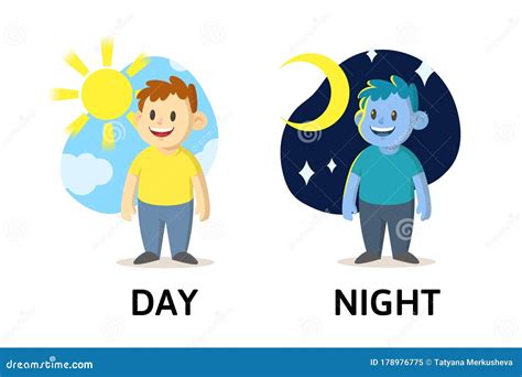 Words Day And Night Flashcard With Cartoon Characters Opposite