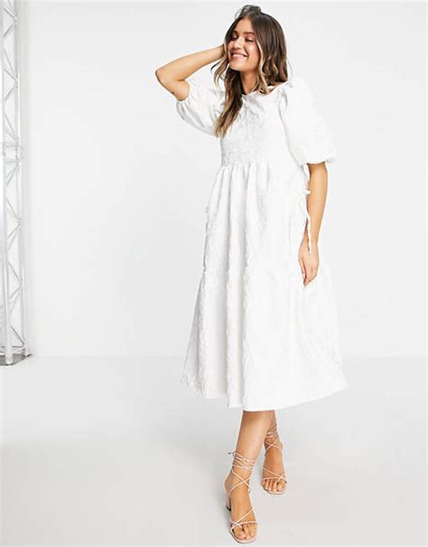 Asos Design Jacquard Tiered Midi Dress With Bellow Pockets In White Asos