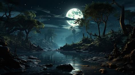 Premium Ai Image Moon Night In Jungle Hd 8k Wallpaper Stock