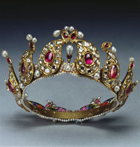 An Antique Indian Tiara Of Gold Pearl Diamond And Ruby Presented To