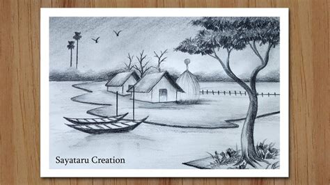 How To Draw A Village Scenery With Pencil Step By Step Pencil Drawing