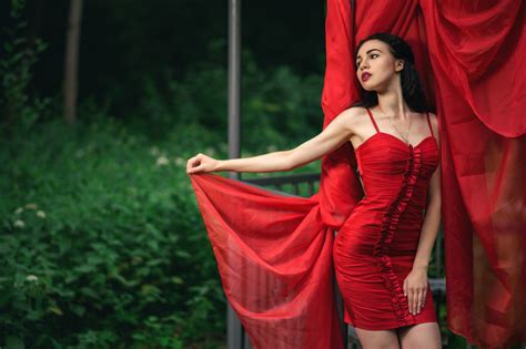 Women Model Brunette Looking Away Women Outdoors Tight Dress Necklace Red Dress Depth Of