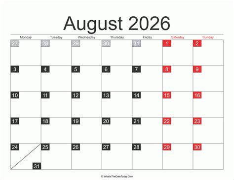 2026 August Calendar Printable Whatisthedatetodaycom