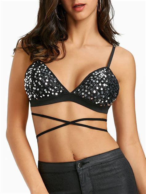 45 Off Sequin Lace Up Padded Bra Top Rosegal