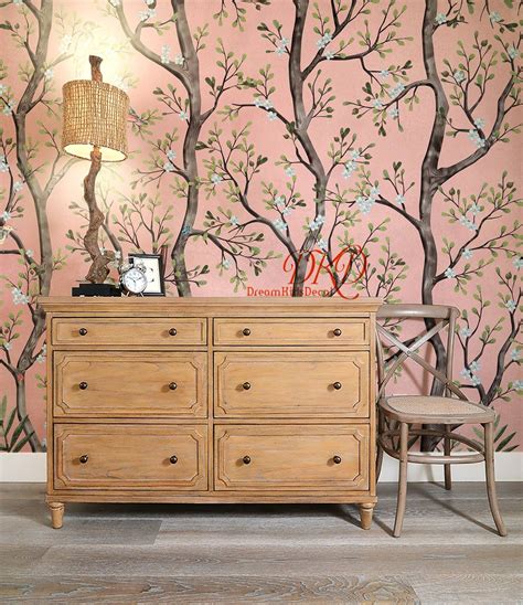 Chinoiserie Mural Wallpaper Vintage Color Tree With Birds Etsy Uk