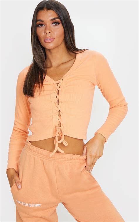 peach thick rib lace up top tops prettylittlething usa