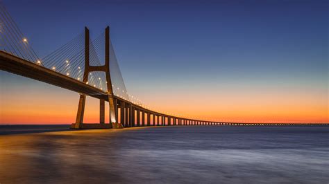 Tejo Dawn Vasco Da Gama Bridge Lisbon Portugal At 17km Long The